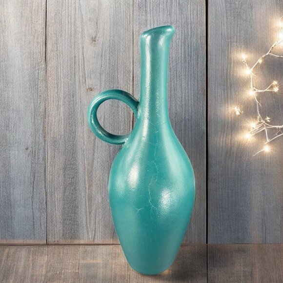 Vintage Mid Century Pottery Jug Vase Bottle Painted Green Ceramic Vase Decor VTG - Picture 1 of 13